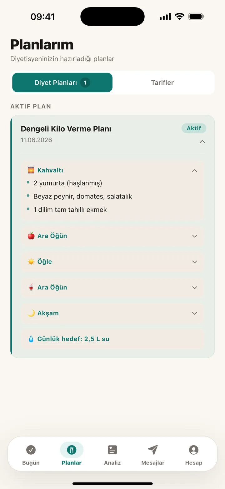Planlarım ekranı: diyetisyenin hazırladığı aktif diyet planı ve öğünler