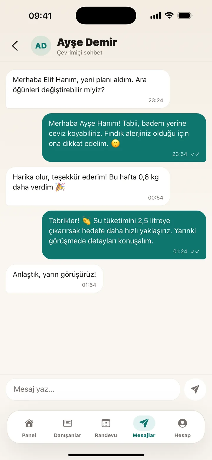 Mesajlar ekranı: danışan ile diyetisyen arasındaki sohbet