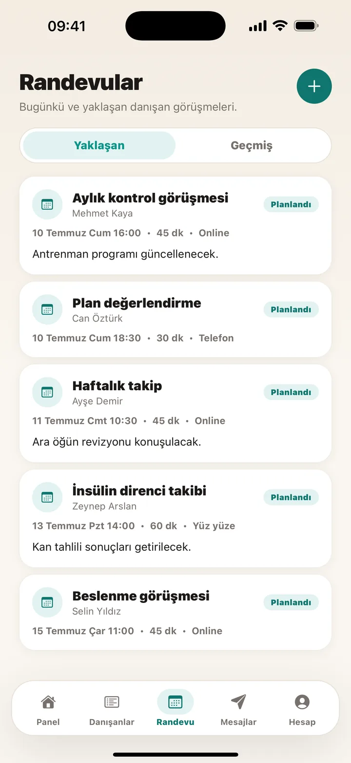 Randevular ekranı: yaklaşan danışan görüşmeleri listesi